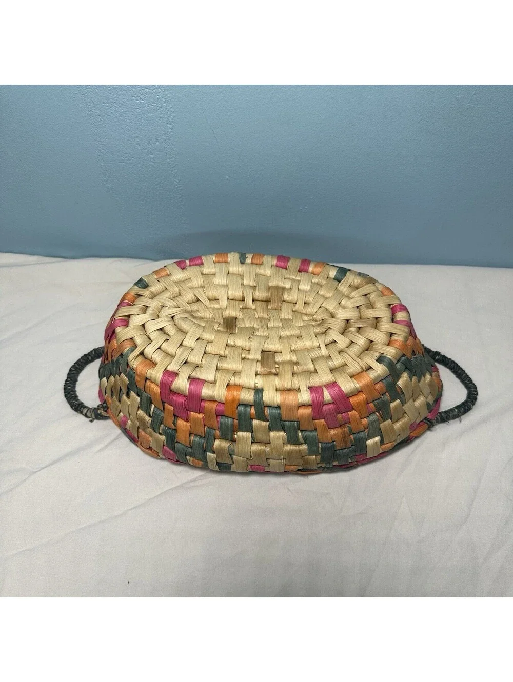 Vintage Hand Woven Oval Seagrass Basket Bowl Boho Two Handles Pink Teal Orange